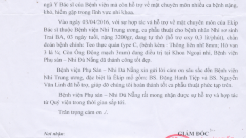 Thư cảm ơn của Bệnh viện Phụ sản Nhi Đà Nẵng