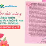 Thư chúc mừng nhân dịp kỷ niệm 10 năm Ngày Công tác xã hội Việt Nam (25/3/2016 – 25/3/2026) của Bộ trưởng Bộ Y tế