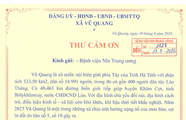Thư cảm ơn của Đảng ủy – HĐND – UBND xã Vũ Quang, tỉnh Hà Tĩnh