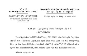 Công văn số 2633/BVNTW-VĐT&NCSKTE ngày 14 tháng 8 năm 2026 V/v Danh sách thực hành khám bệnh, chữa bệnh