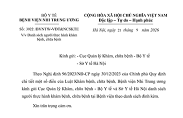 Công văn số 3022/BVNTW-VĐT&NCSKTE ngày 21 tháng 9 năm 2026 V/v Danh sách người thực hành khám bệnh, chữa bệnh