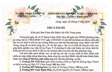 Thư cảm ơn của UBND phường Láng về việc Hỗ trợ khám sức khỏe miễn phí cho trẻ em dưới 6 tuổi tại các trường Mầm non trên địa bàn phường trong 02 ngày (26/8 - 27/8/2026)